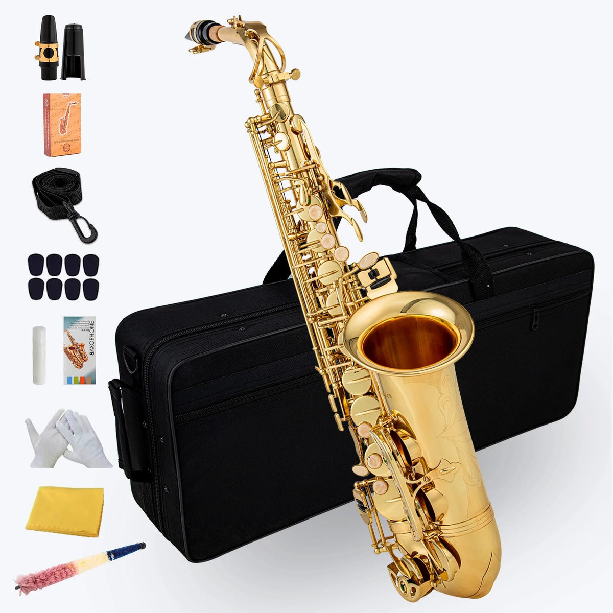 ROWETTER Eb Alto Saxophone: Brass Lacquered Gold E Flat Sax with Case &amp;amp; Accessories Gold