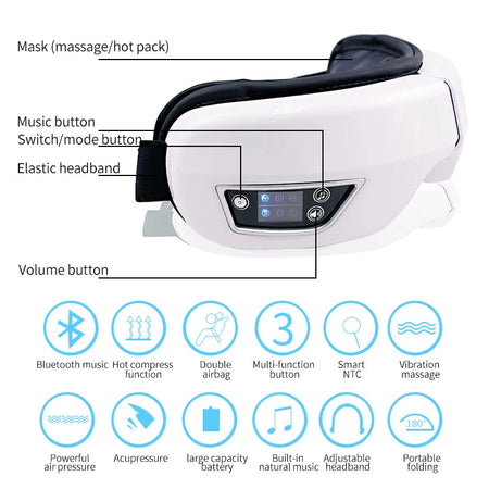 Smart Eye Massager with Heating Airbag Vibration Bluetooth Music Massage Eye Mask for Eye Strain Relief Dry Eyes Improve Sleep