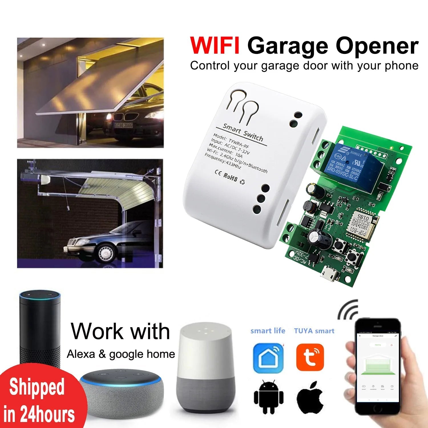 Smart Garage Door Opener WiFi Switch Sliding Gate Controller Work With Alexa Echo Google Home SmartLife Tuya APP Remote Control