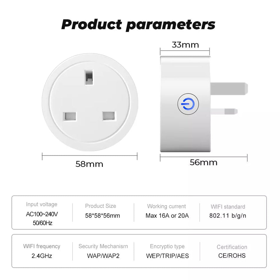 Smart plug - 20A Tuya Power Monitor WiFi Socket Adaptor UK Plug. Stocked in - Black.