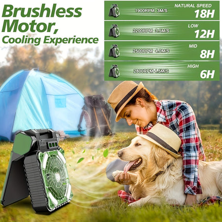 Solar Powered Camping Fan with LED Lantern, 4 Speeds, Power Bank