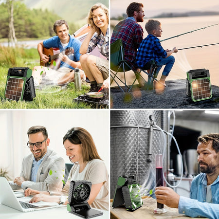 Solar Powered Camping Fan with LED Lantern, 4 Speeds, Power Bank