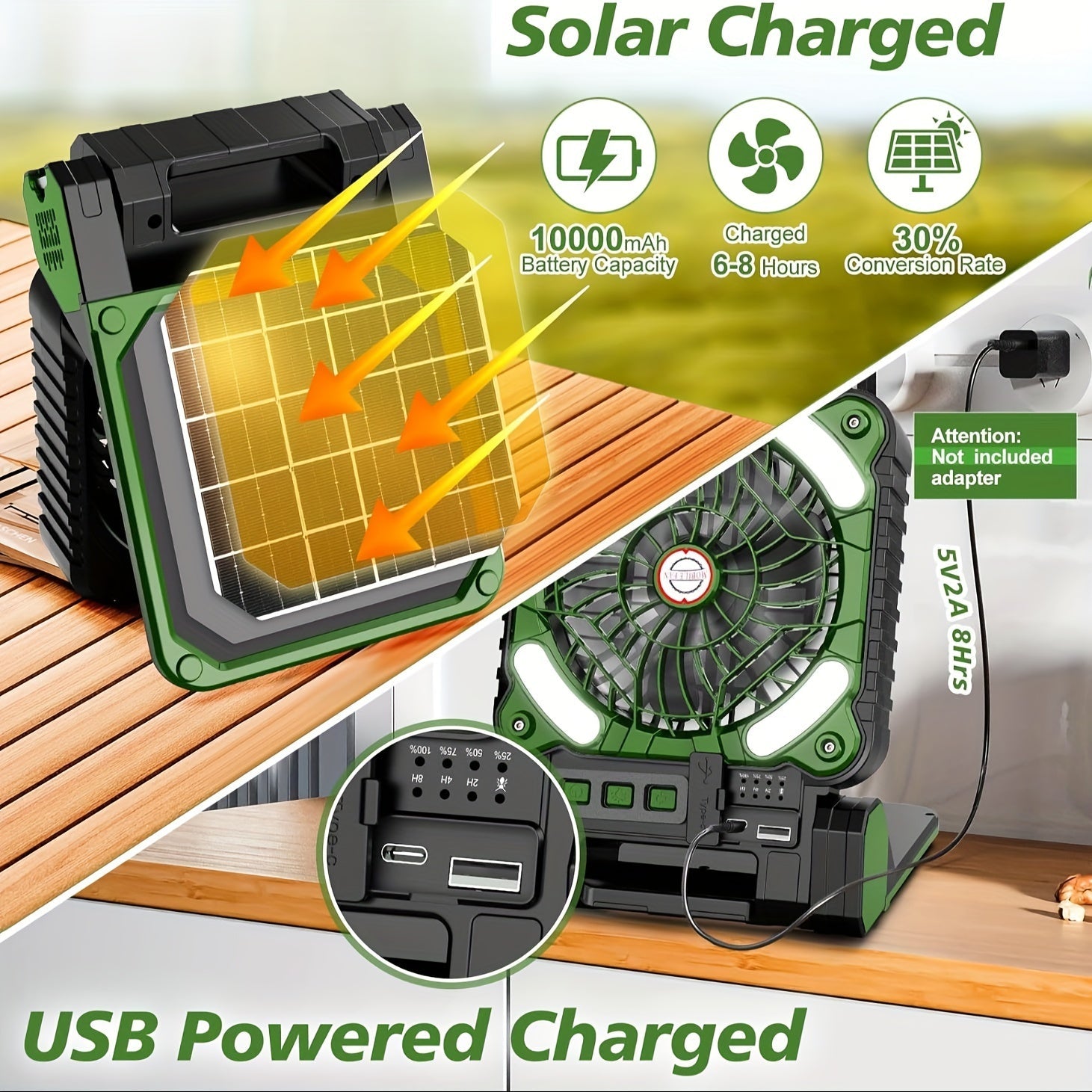 Solar Powered Camping Fan with LED Lantern, 4 Speeds, Power Bank