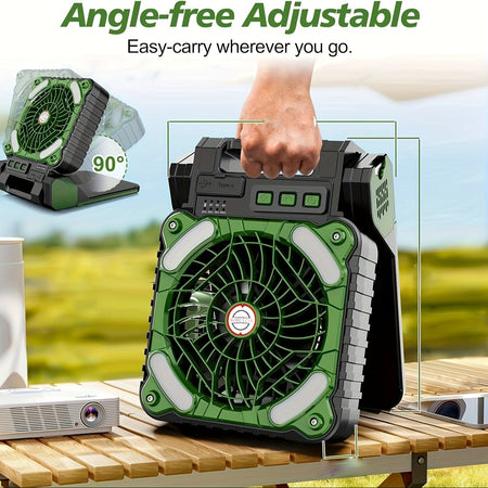 Solar Powered Camping Fan with LED Lantern, 4 Speeds, Power Bank