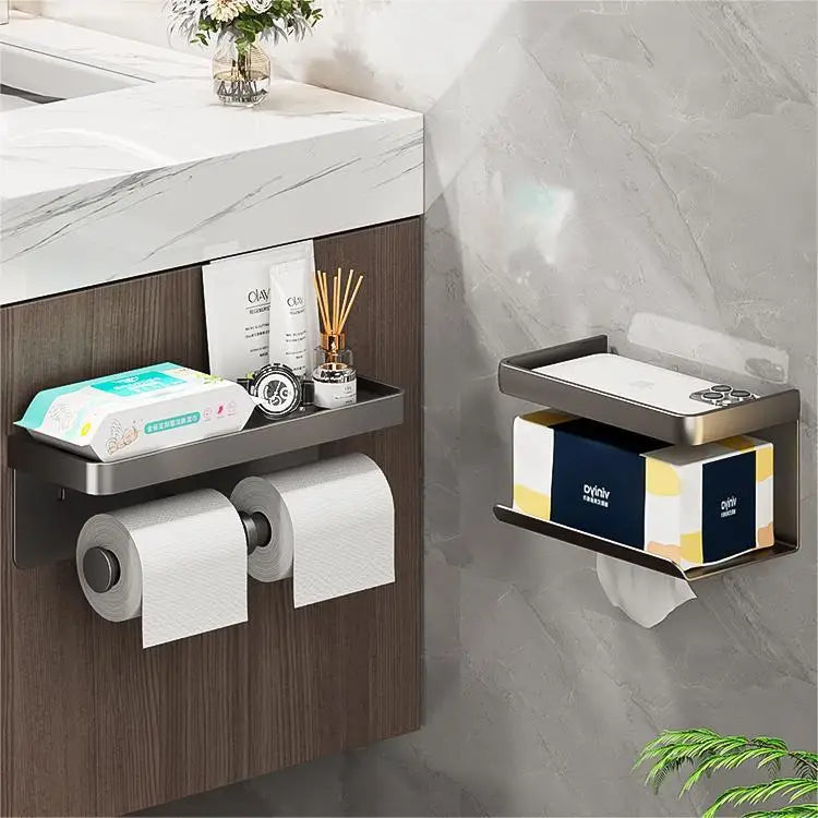 Space Aluminum Toilet Paper Holder Bathroom Wall Mount WC Paper Phone Holder Shelf Towel Roll Shelf Bathroom Accessories