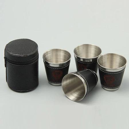 Stainless Steel Travel Cups Set with PU Leather - 4pcs Outdoor Camping Tableware  30ML-4Pcs