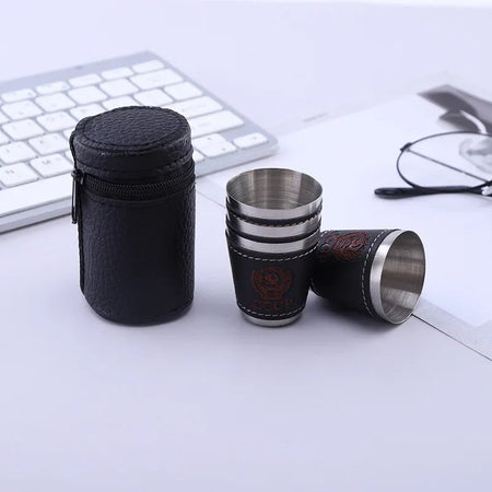 Stainless Steel Travel Cups Set with PU Leather - 4pcs Outdoor Camping Tableware