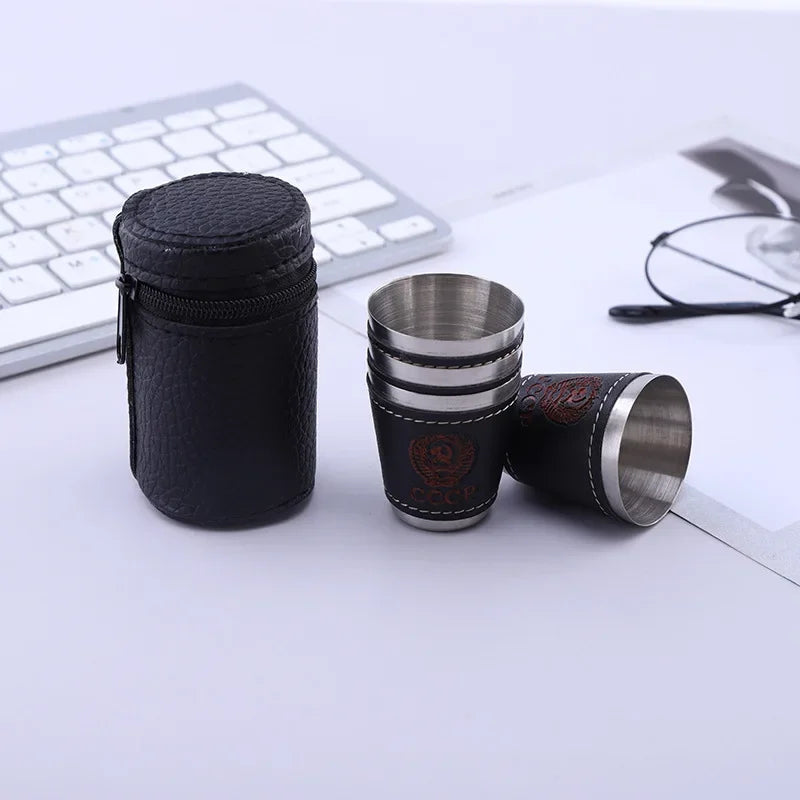 Stainless Steel Travel Cups Set with PU Leather - 4pcs Outdoor Camping Tableware