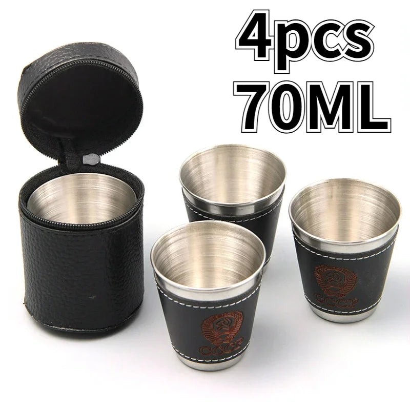 Stainless Steel Travel Cups Set with PU Leather - 4pcs Outdoor Camping Tableware