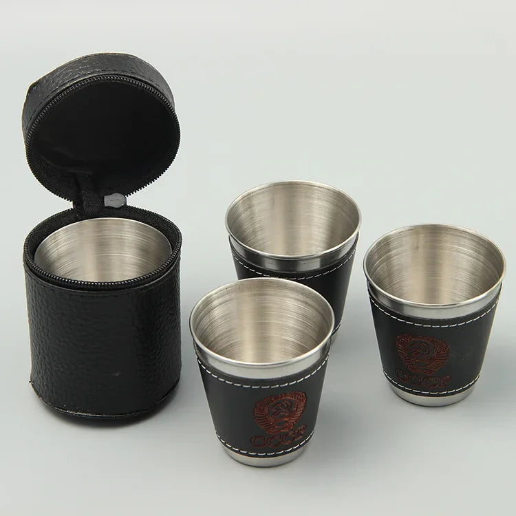 Stainless Steel Travel Cups Set with PU Leather - 4pcs Outdoor Camping Tableware  70ML-4Pcs
