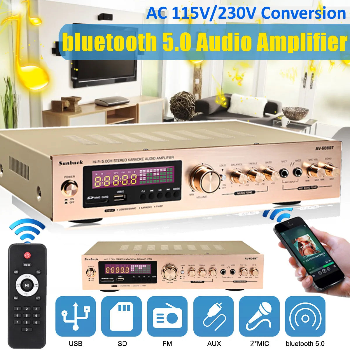 Sunbuck Bluetooth HiFi 5CH Power Audio Amplifier with FM Karaoke Cinema 608BT / Russian Federation