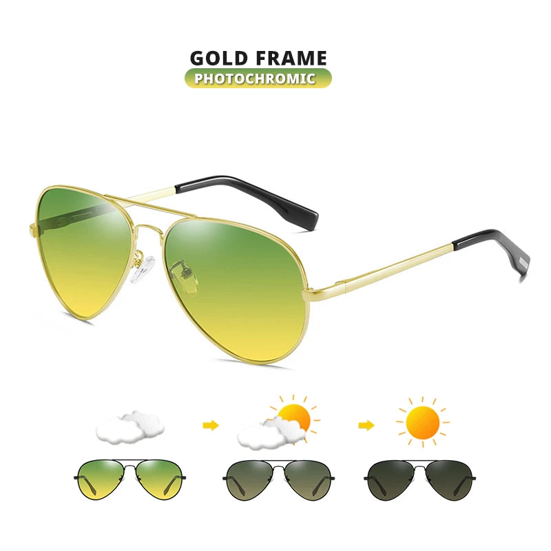 Top Brand Pilot Photochromic Sunglasses-Men/Women Polarized UV400 Driving Glasses Gold-DNBS / Original