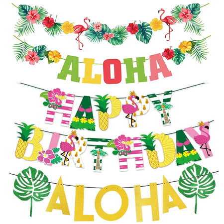 Tropical Hawaiian Party Decorations Set - Flamingo Garlands, ALOHA Banner for Summer Beach Birthday Party Decoration