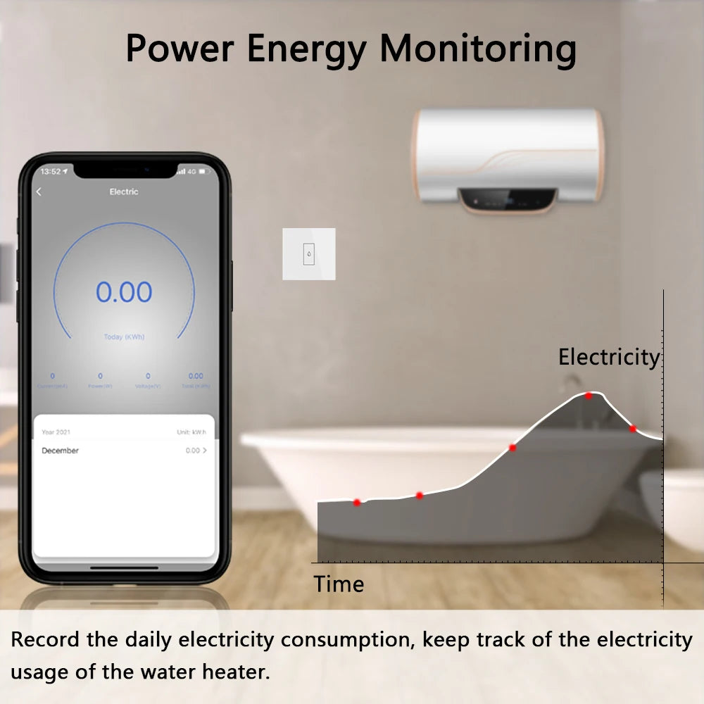 Tuya 20A EU WiFi Boiler Water Heater Switch Timer Power Monitor Overload Protection Smart Life App Remote Control Work with Alex