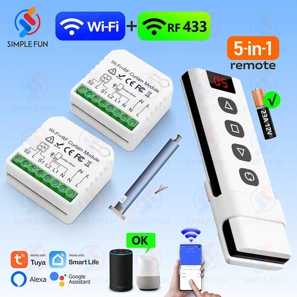 Tuya WiFi and RF Roller Shutter Curtain Switch, Smart Module for Window Blinds ,5-in-1 Remote,Timer,Work with Google Home Alexa
