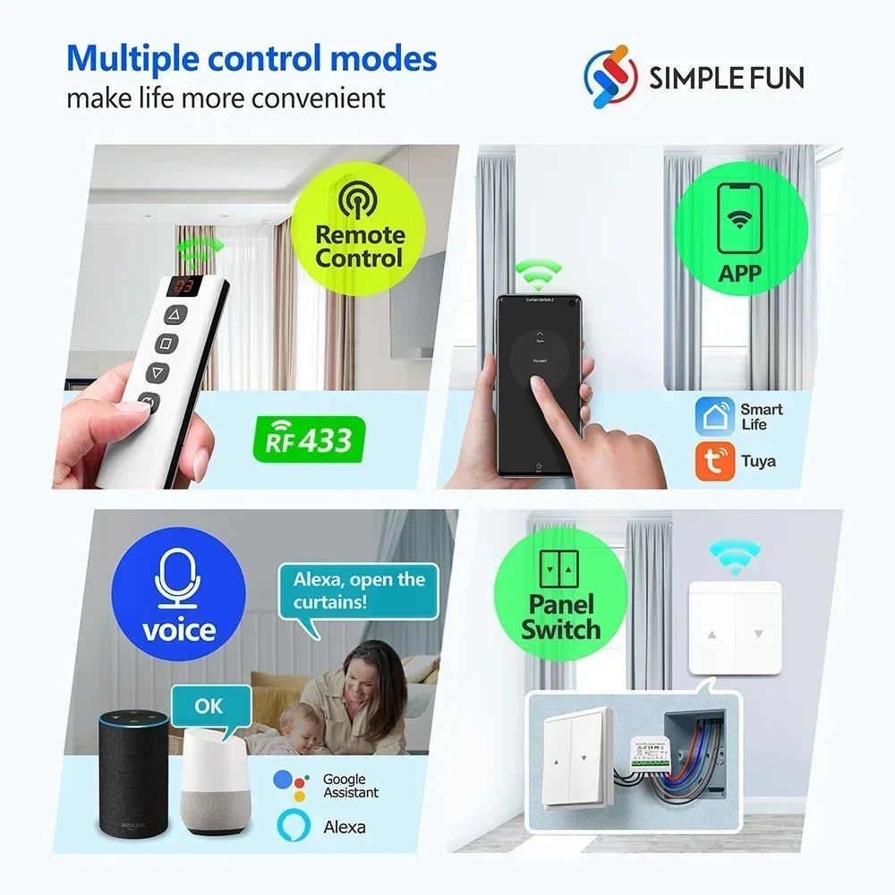 Tuya WiFi and RF Roller Shutter Curtain Switch, Smart Module for Window Blinds ,5-in-1 Remote,Timer,Work with Google Home Alexa