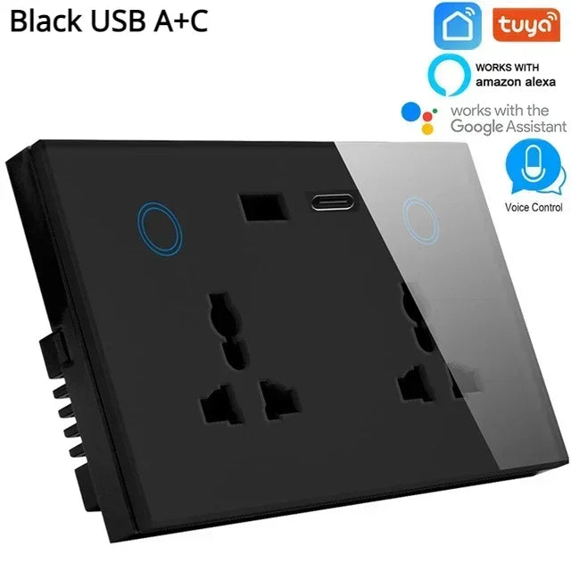 Tuya Wifi Smart Life USB Type C Wall Socket Universal Electrical Plug Outlet Power Touch Switch Wireless by Alexa Google Home 2OUT TYPE-C BLACK