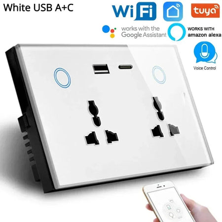 Tuya Wifi Smart Life USB Type C Wall Socket Universal Electrical Plug Outlet Power Touch Switch Wireless by Alexa Google Home 2OUT TYPE-C WHITE