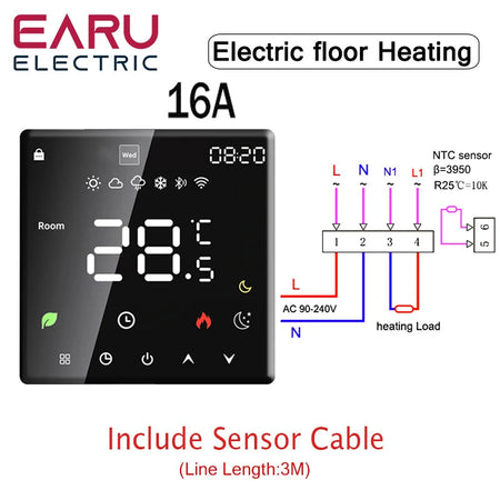 Tuya WiFi Smart Thermostat Electric Floor Heating TRV Water Gas Boiler Temperature Voice Remote Controller for Google Home Alexa K6H-16A-B / no WiFi / CHINA