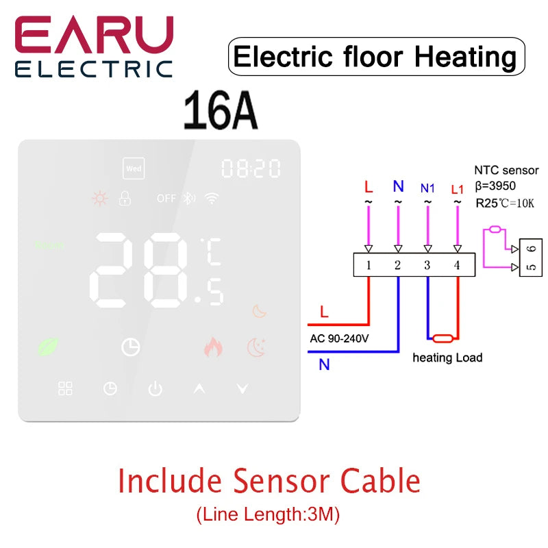 Tuya WiFi Smart Thermostat Electric Floor Heating TRV Water Gas Boiler Temperature Voice Remote Controller for Google Home Alexa K6H-16A-W / no WiFi / CHINA