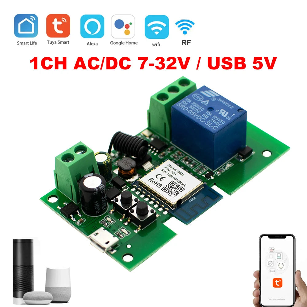 Tuya wifi Switch 1 Channel Module 10A Relay Controller DC/AC 7-32V 12V 24V 220V 110V Smart Life Jog Self-locking Relay Module