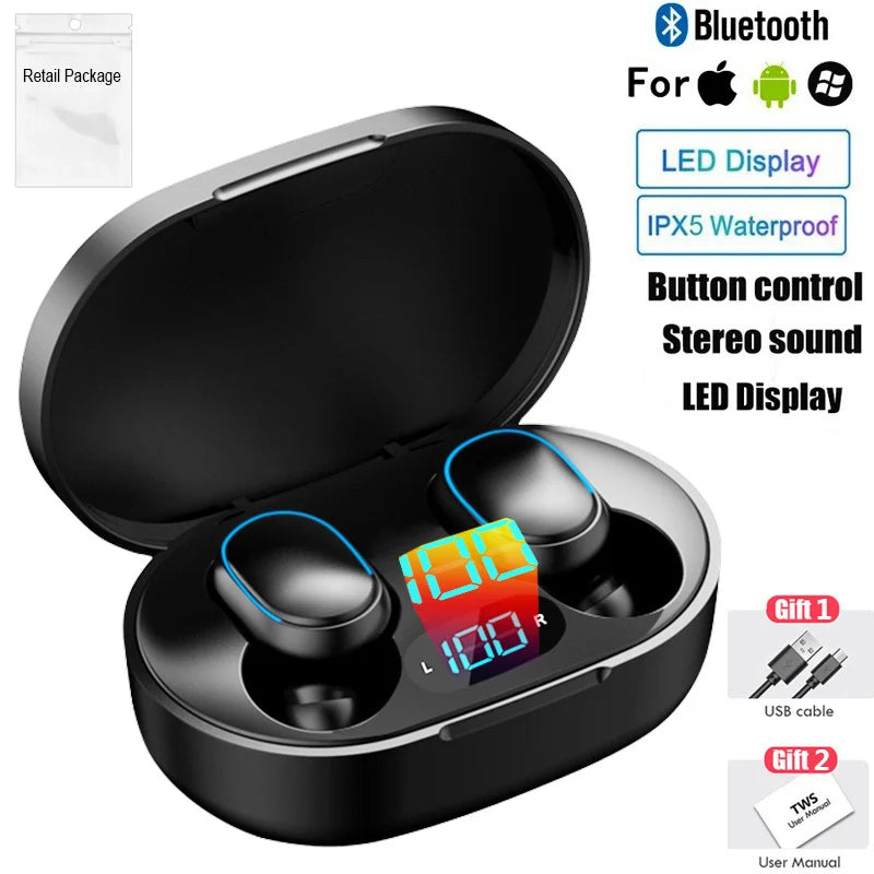 TWS Bluetooth Earphones Wireless Headphones Noise Cancelling with Mic Headsets 9D Stereo In-Ear Earbuds for Sports Music black