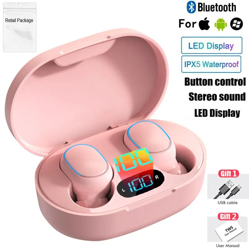 TWS Bluetooth Earphones Wireless Headphones Noise Cancelling with Mic Headsets 9D Stereo In-Ear Earbuds for Sports Music Pink