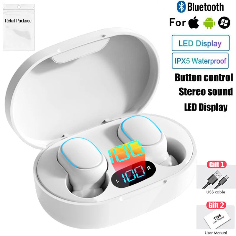 TWS Bluetooth Earphones Wireless Headphones Noise Cancelling with Mic Headsets 9D Stereo In-Ear Earbuds for Sports Music WHITE