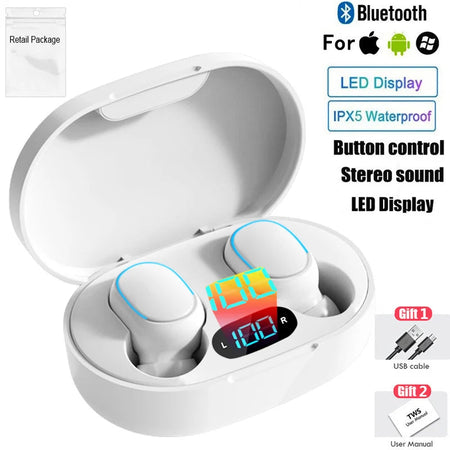 TWS Bluetooth Earphones Wireless Headphones Noise Cancelling with Mic Headsets 9D Stereo In-Ear Earbuds for Sports Music WHITE