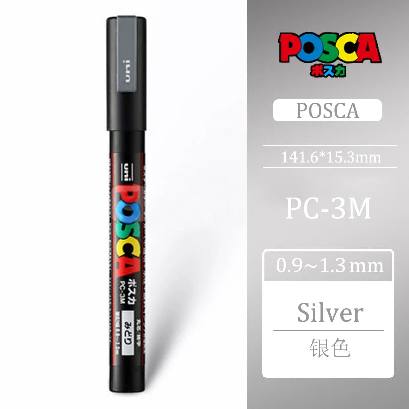 Uni Posca PC-3M 0.9-1.3mm Paint Marker Pen Graffiti Water-based Colored Marker Pens Permanent Paint Markers Office Stationery Silver PC-3M