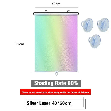 Universal Roller Blinds Suction Cup Sunshade Nail-free Blackout Curtain Car Bedroom Kitchen Office Window Sun-shading Curtains Laser 40cm x 60cm