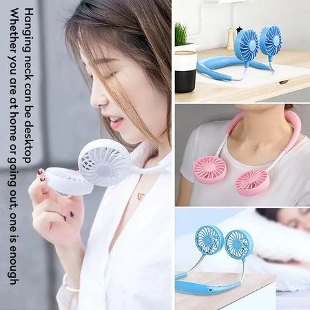 USB Portable Fan Cold Fan Hands Free Neck Fan Hanging Rechargeable Mini Sports Fan 3-Speed Adjustable Neck Dual Fan Home Office