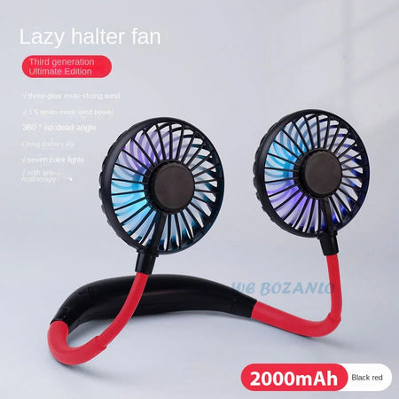 USB Portable Fan Cold Fan Hands Free Neck Fan Hanging Rechargeable Mini Sports Fan 3-Speed Adjustable Neck Dual Fan Home Office black with light