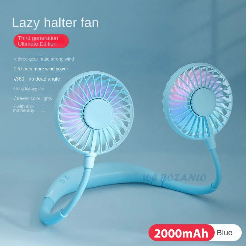 USB Portable Fan Cold Fan Hands Free Neck Fan Hanging Rechargeable Mini Sports Fan 3-Speed Adjustable Neck Dual Fan Home Office blue with light