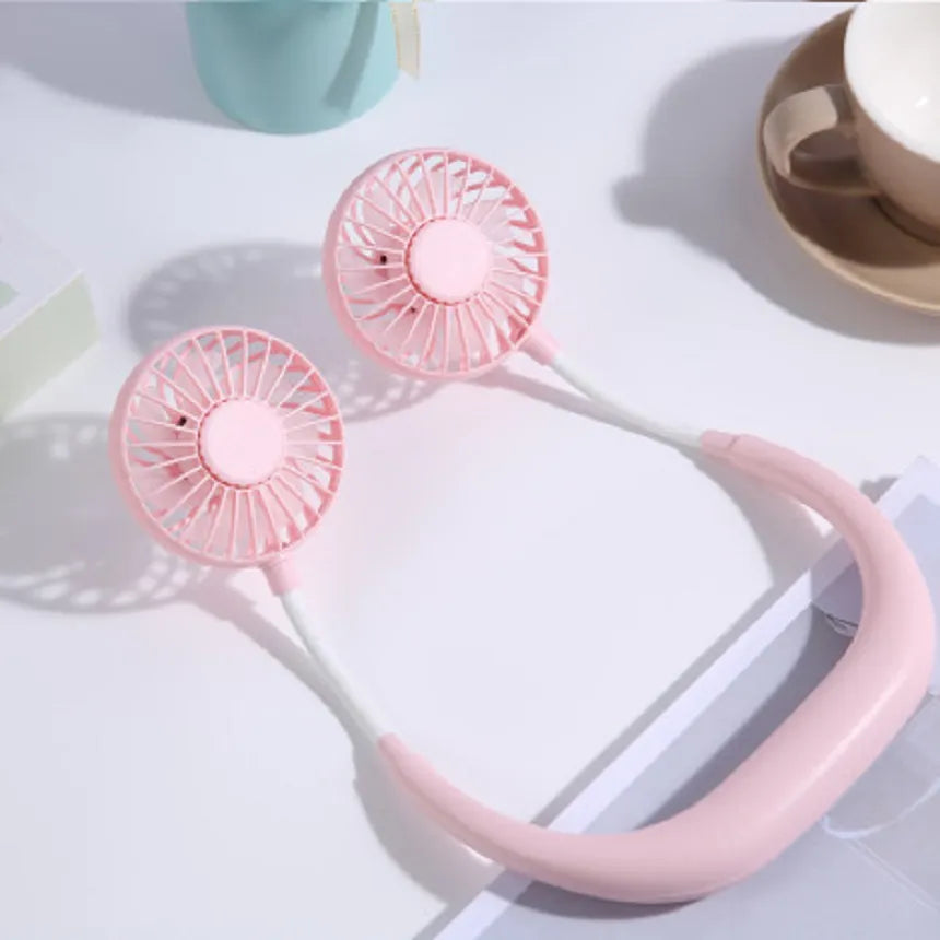 USB Portable Fan Cold Fan Hands Free Neck Fan Hanging Rechargeable Mini Sports Fan 3-Speed Adjustable Neck Dual Fan Home Office pink no light