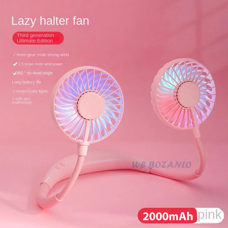 USB Portable Fan Cold Fan Hands Free Neck Fan Hanging Rechargeable Mini Sports Fan 3-Speed Adjustable Neck Dual Fan Home Office pink with light