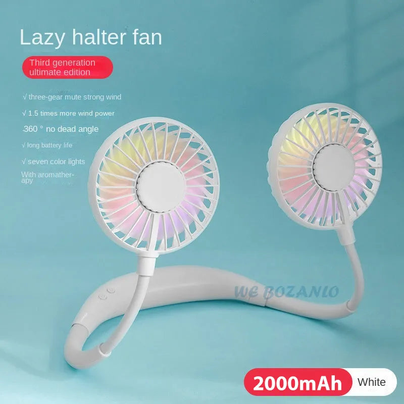 USB Portable Fan Cold Fan Hands Free Neck Fan Hanging Rechargeable Mini Sports Fan 3-Speed Adjustable Neck Dual Fan Home Office white with light
