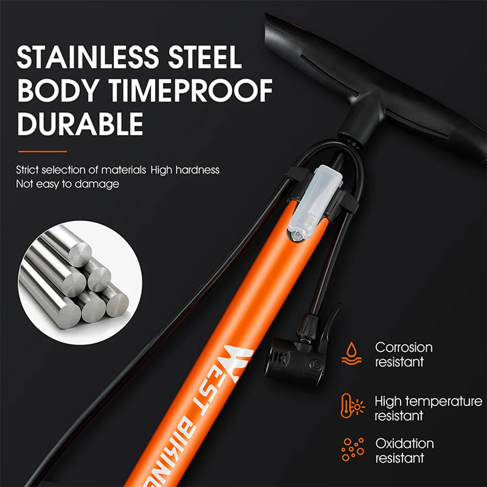 WEST BIKING Stainless Steel Bicycle Tire Pump with Comfortable Grip