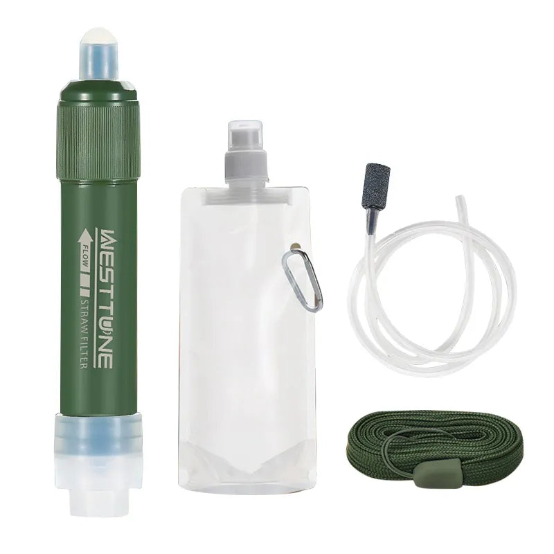 Westtune Outdoor Mini Camping Purification Water Filter Straw TUP Carbon Fiber Water Bag for Survival or Emergency Supplies