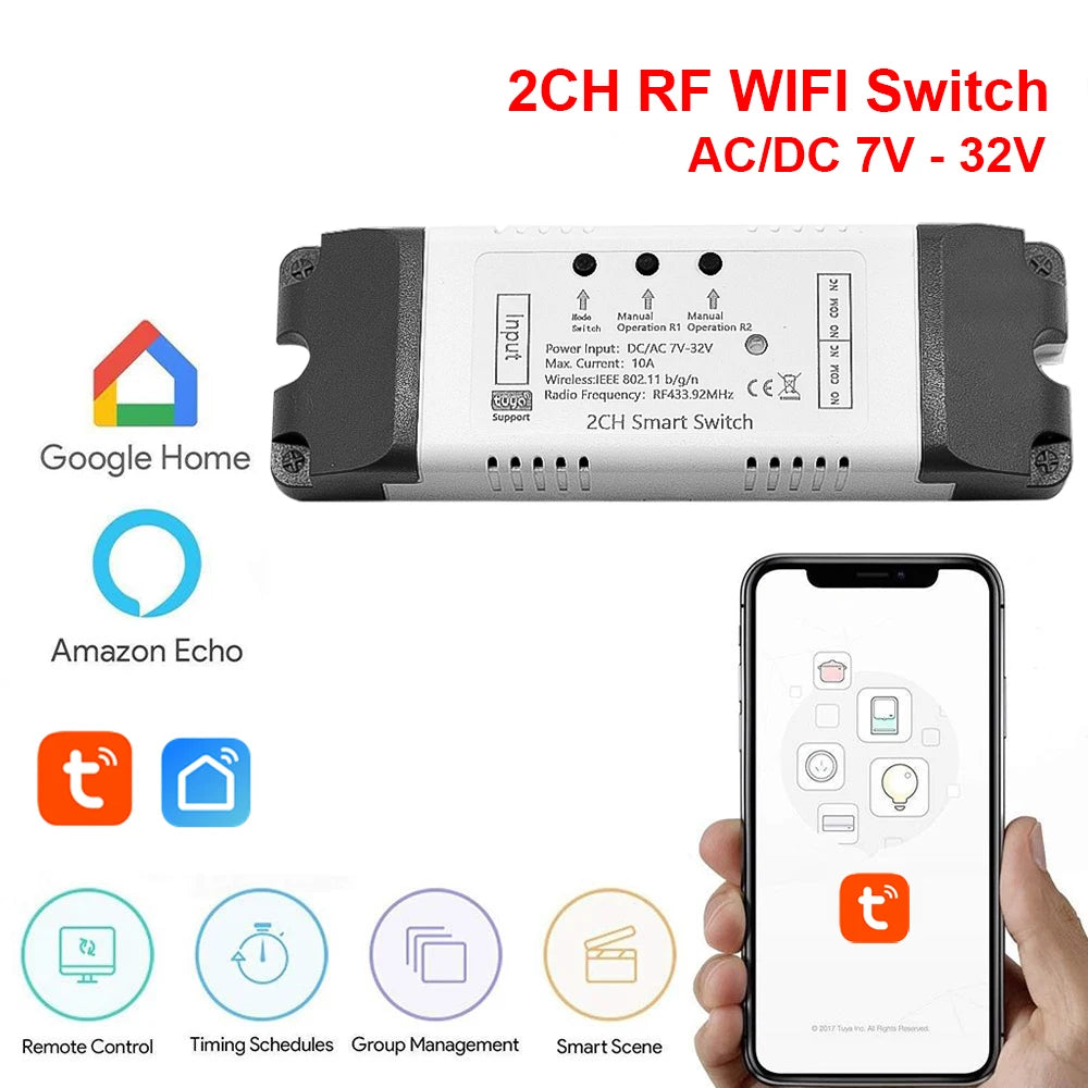 Wifi Smart Switch 12V 24V 110V 220V 85-250V 2CH Relay Module RF 433 Remote Control Work With Alexa Google Home Tuya SmartLife