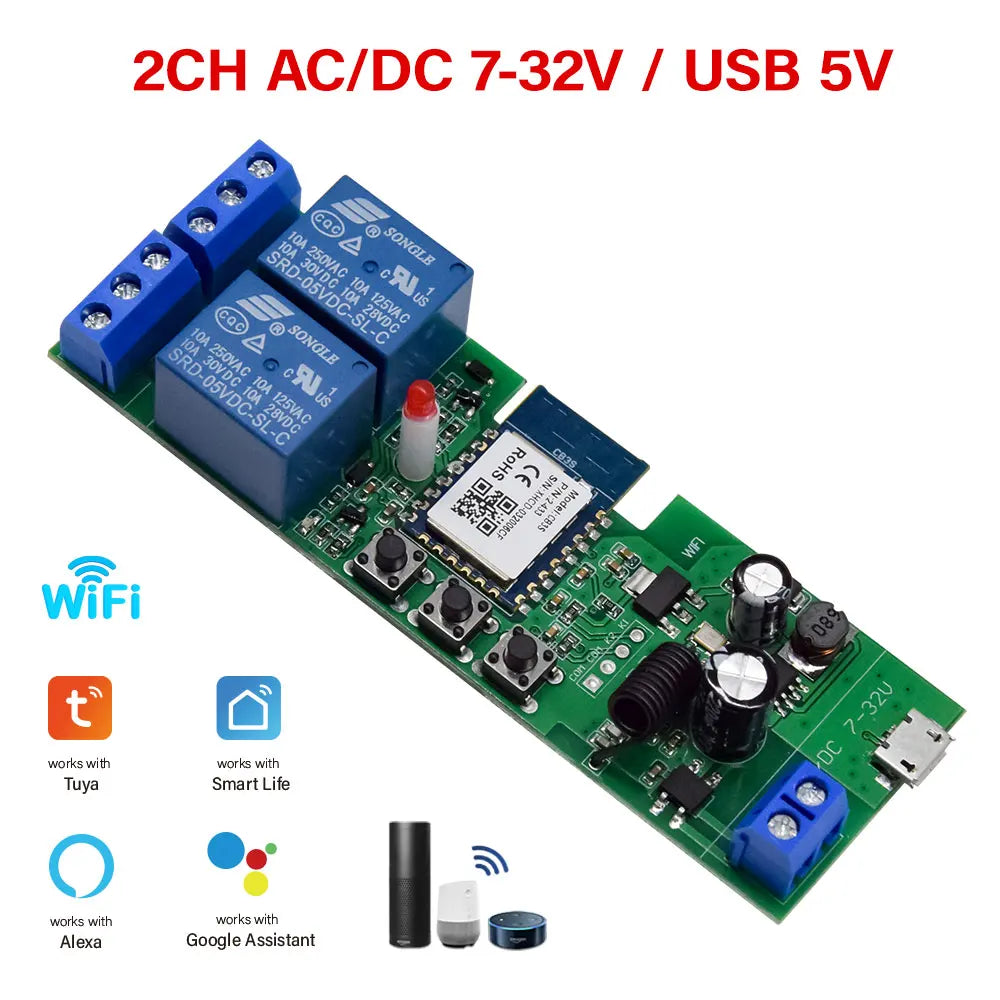 Wifi Smart Switch 12V 24V 110V 220V 85-250V 2CH Relay Module RF 433 Remote Control Work With Alexa Google Home Tuya SmartLife