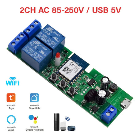 Wifi Smart Switch 12V 24V 110V 220V 85-250V 2CH Relay Module RF 433 Remote Control Work With Alexa Google Home Tuya SmartLife