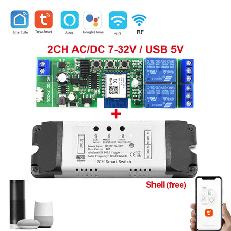 Wifi Smart Switch 12V 24V 110V 220V 85-250V 2CH Relay Module RF 433 Remote Control Work With Alexa Google Home Tuya SmartLife