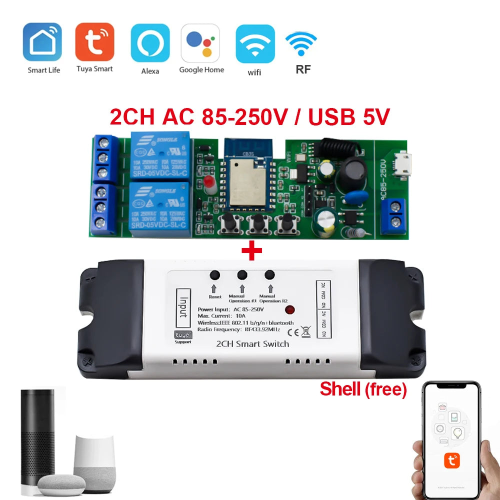 Wifi Smart Switch 12V 24V 110V 220V 85-250V 2CH Relay Module RF 433 Remote Control Work With Alexa Google Home Tuya SmartLife