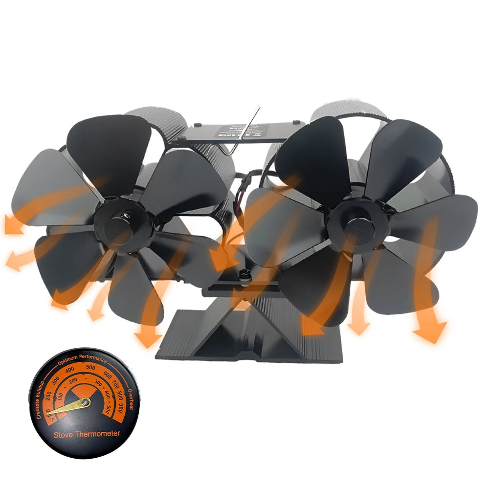 Wood Stove Fan Heat Powered Dual Silent Motors 4 Blades Non-Electric Heat Activated Fireplace Fan with Bracket and Thermometer With Thermometer