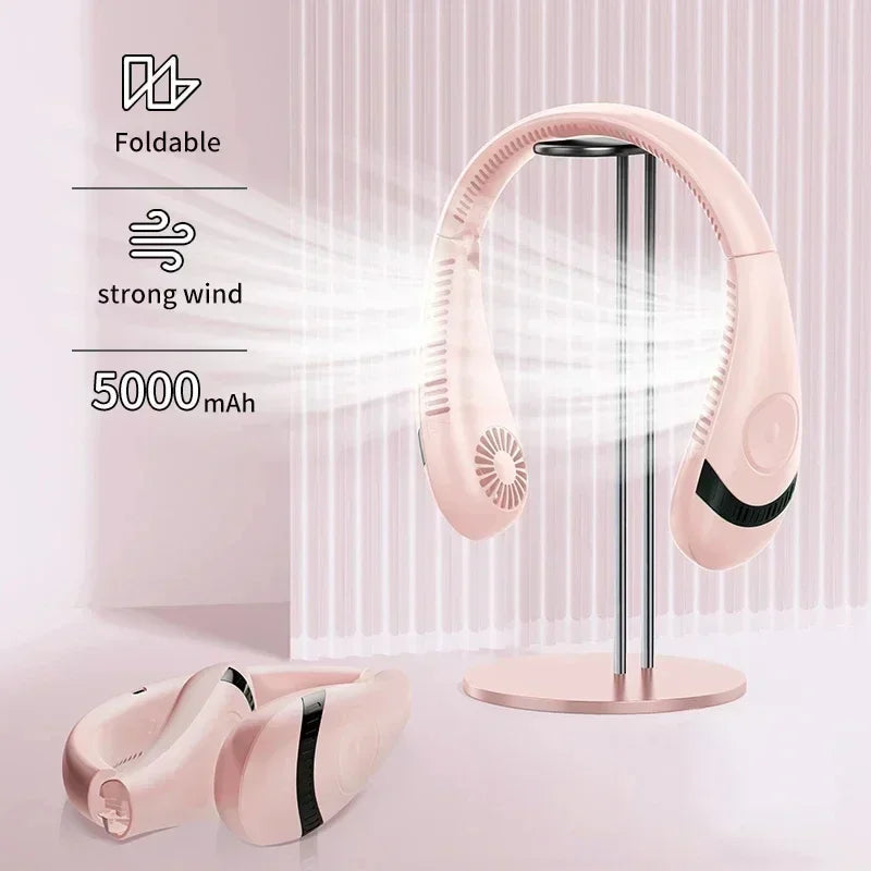 Xiaomi 6000mAh Hanging Neck Fan Portable Air Conditioner Type-C USB Rechargeable Air Cooler 5 Speed Electric Fan For Sports Fold 5000mah Pink