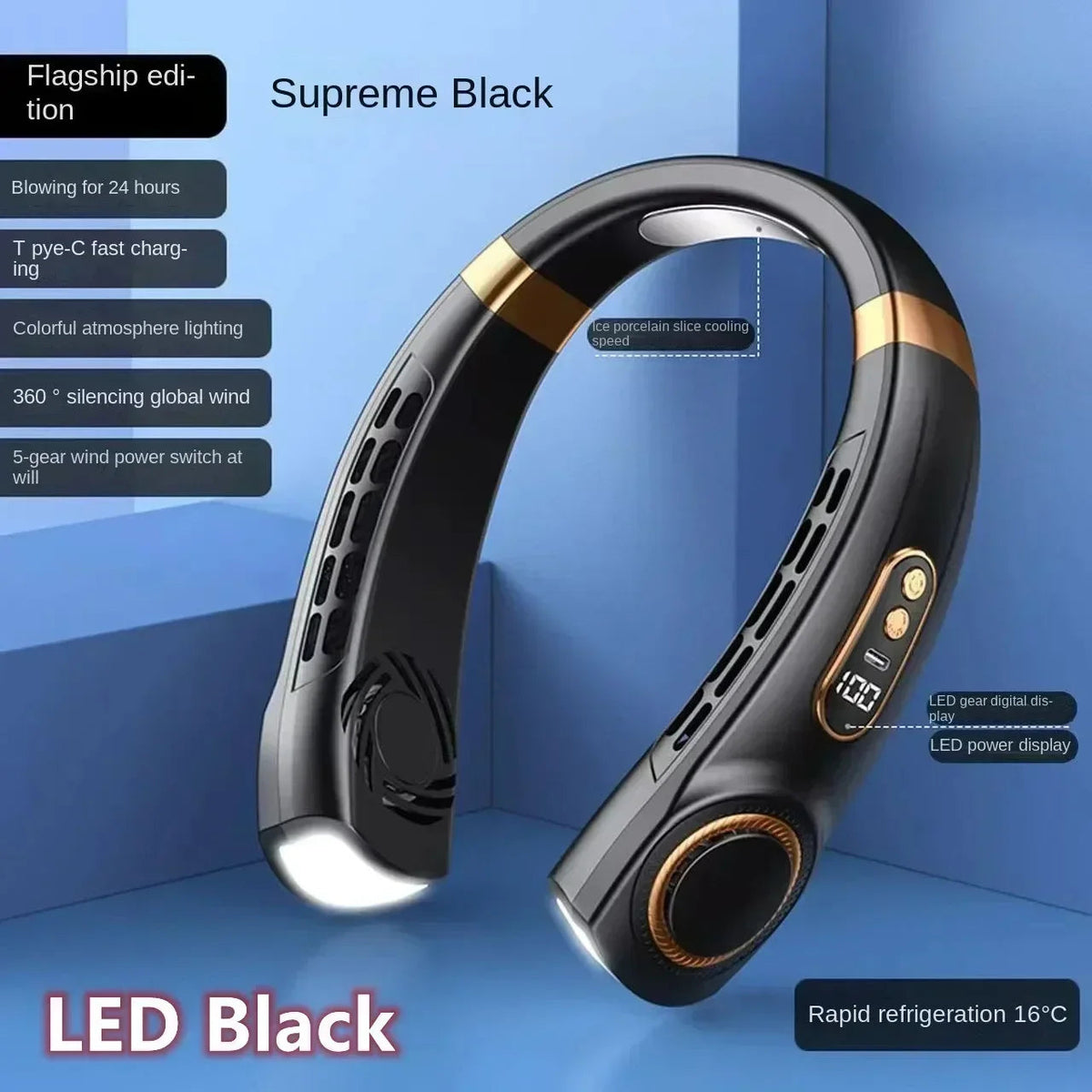 Xiaomi 6000mAh Hanging Neck Fan Portable Air Conditioner Type-C USB Rechargeable Air Cooler 5 Speed Electric Fan For Sports LED Black