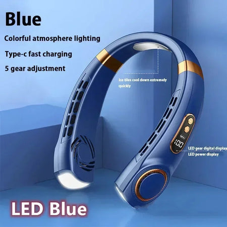 Xiaomi 6000mAh Hanging Neck Fan Portable Air Conditioner Type-C USB Rechargeable Air Cooler 5 Speed Electric Fan For Sports LED Blue