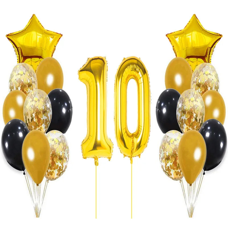 Yaobener Black Gold Number Foil Latex Balloons Happy Birthday Party Decorations Adult Kids 10th birthday / Set