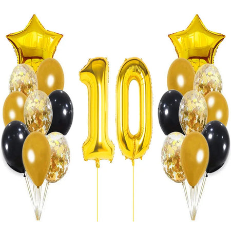 Yaobener Black Gold Number Foil Latex Balloons Happy Birthday Party Decorations Adult Kids 10th birthday / Set